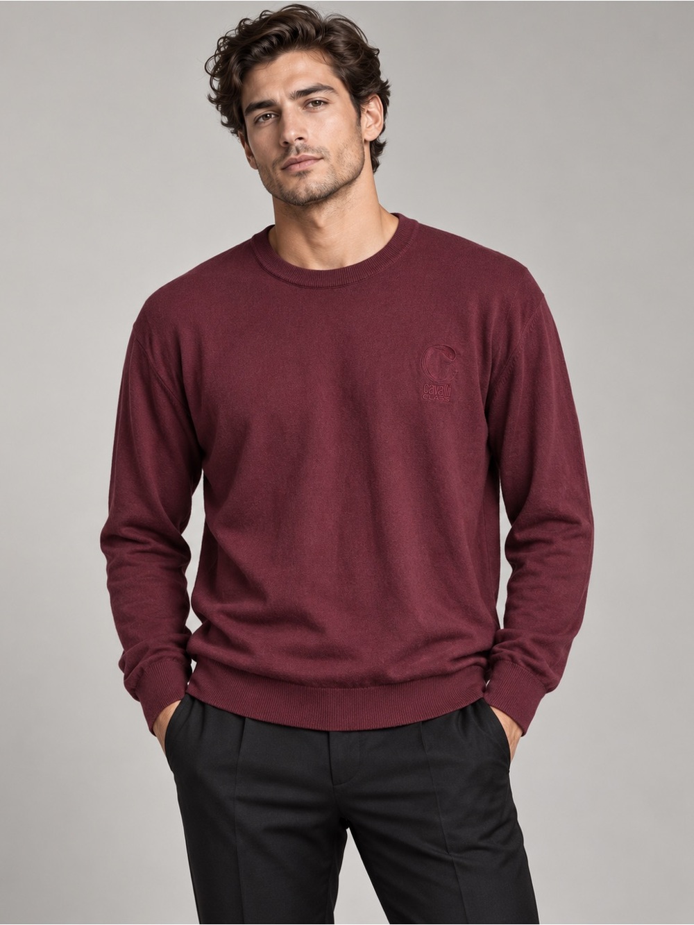 Cavalli Class Men’s XL Burgundy 100% Cotton Logo Crewneck Sweater